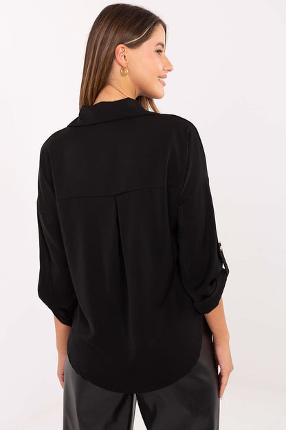 Elegant Women's Long Sleeve Shirt by Rue Paris featuring a classic cut and stylish brooches, made from a high-quality blend of polyester, viscose, and elastane, perfect for business and everyday wear.