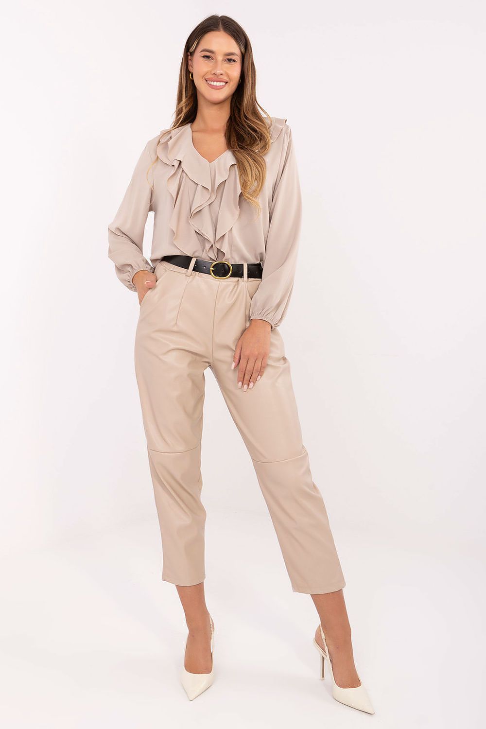 Rue Paris women's high waist leatherette trousers showcased elegantly, featuring crisp design with side pockets, perfect for both casual and formal occasions.
