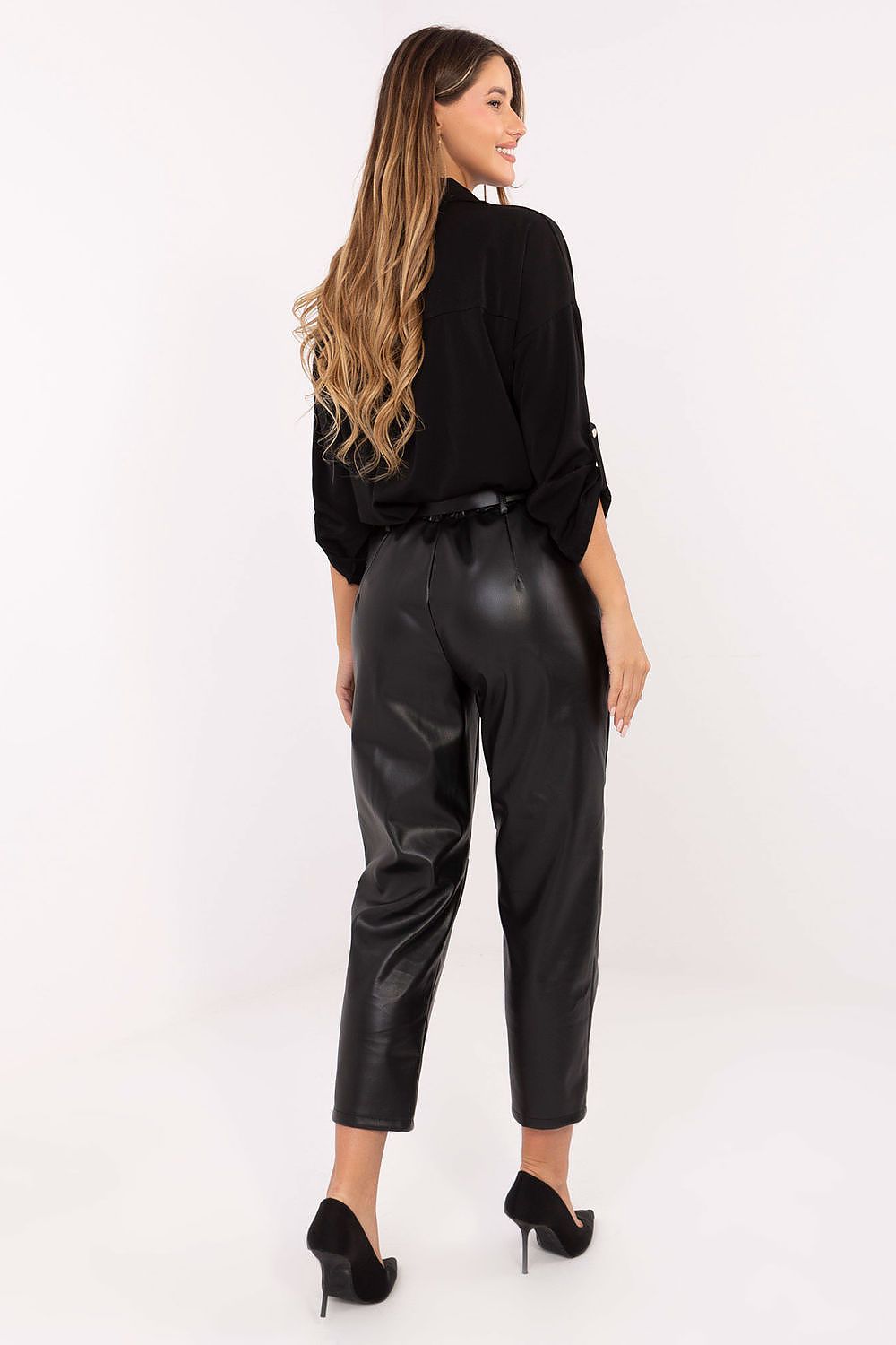 Rue Paris Women's High Waist Leatherette Trousers with Elegant Design, featuring Comfort Fit and Stylish Pockets in Size EU 0.