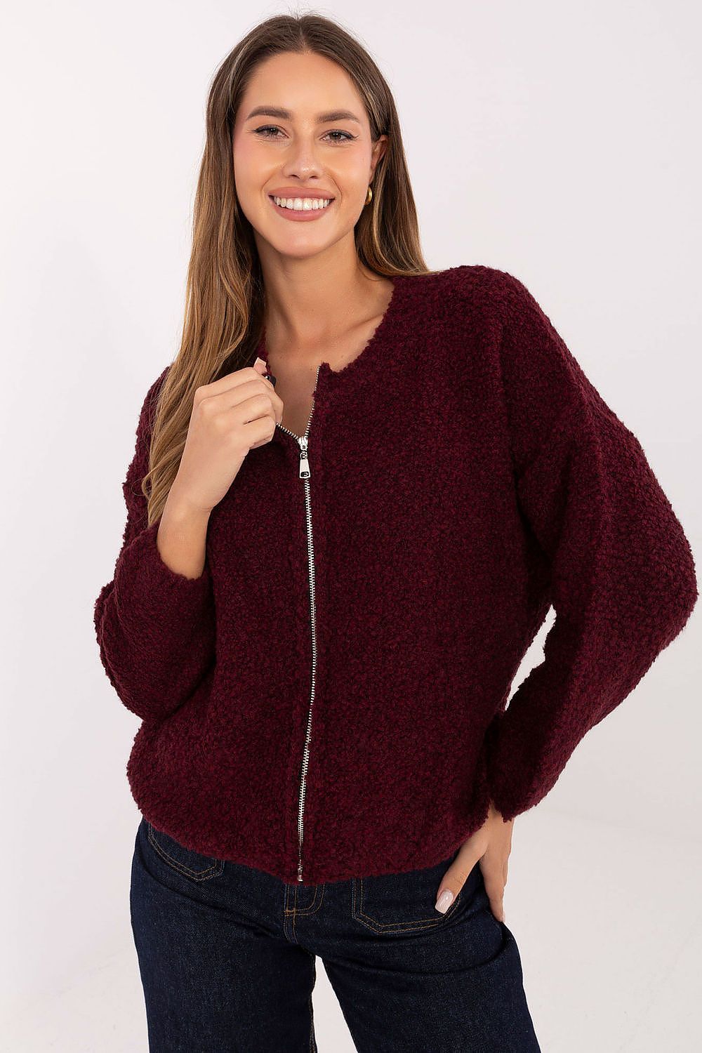 Luxurious women's boucle cardigan with zipper from Rue Paris, showcasing its soft texture and stylish design for ultimate comfort.
