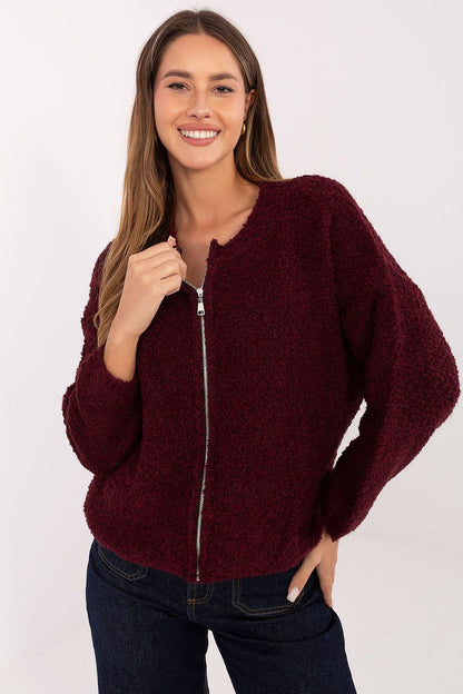 Luxurious women's boucle cardigan with zipper from Rue Paris, showcasing its soft texture and stylish design for ultimate comfort.