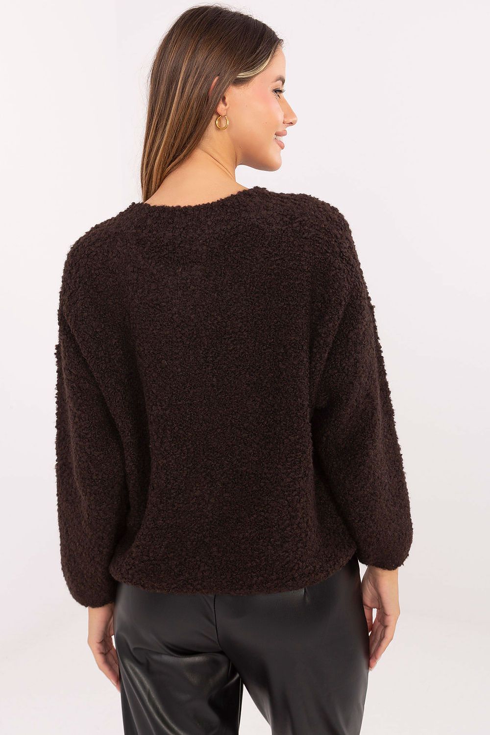 Close-up of Rue Paris women's boucle cardigan showcasing its soft texture and modern design, ideal for casual and professional outfits.