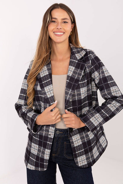 Elegant women's checked blazer with shoulder pads from Rue Paris, showcasing classic style and sophisticated design.