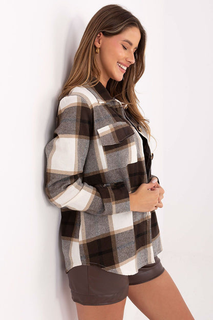 Detail shot of the Rue Paris plaid long sleeve women’s shirt, featuring flap pockets and luxurious texture ideal for versatile styling.