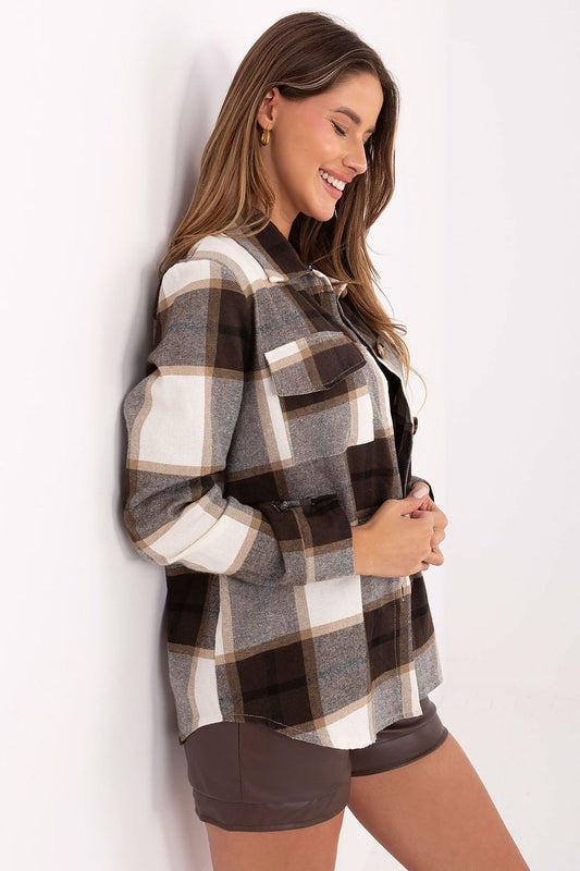 Detail shot of the Rue Paris plaid long sleeve women’s shirt, featuring flap pockets and luxurious texture ideal for versatile styling.