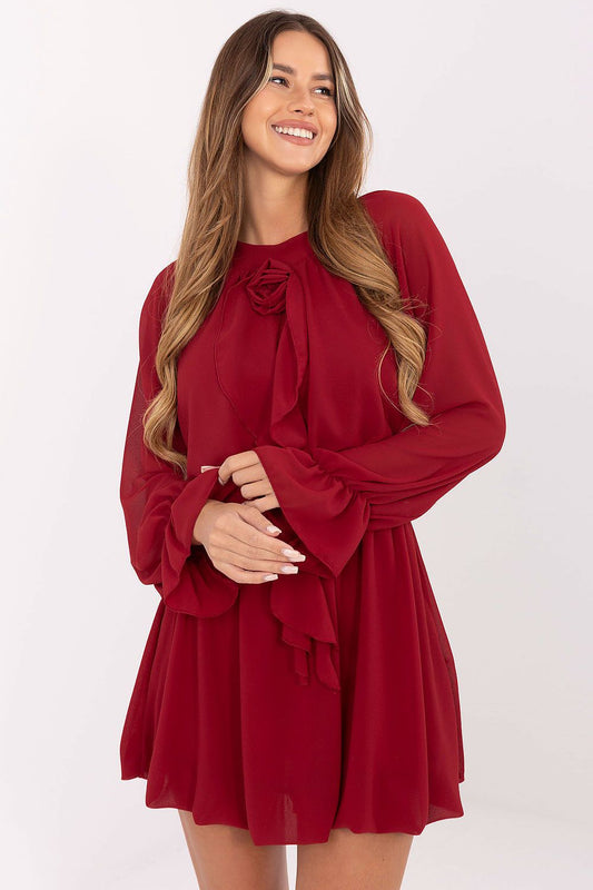 Elegant mini cocktail dress by Rue Paris featuring ruffled sleeves and a decorative rose, perfect for formal occasions.