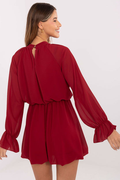 Elegant mini cocktail dress by Rue Paris featuring ruffled sleeves and a decorative rose, perfect for sophisticated evening events.