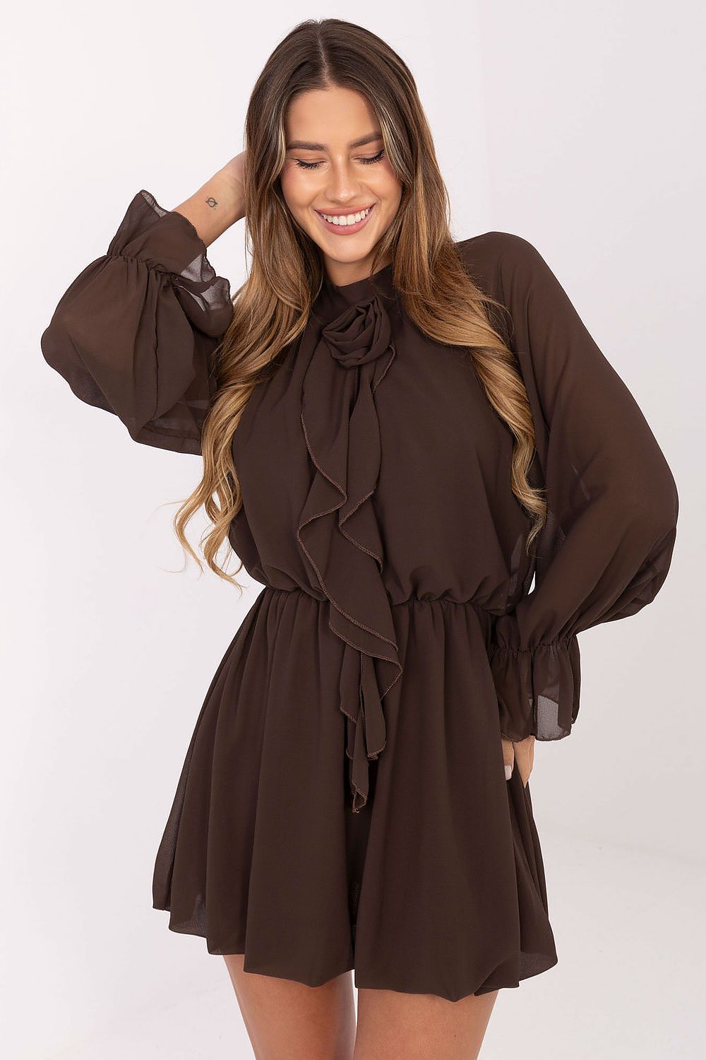 Chic back view of Rue Paris mini cocktail dress showcasing intricate ruffles and a flattering silhouette, ideal for parties and receptions.