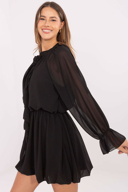 Elegant mini cocktail dress by Rue Paris, featuring ruffled sleeves and a decorative rose, perfect for parties and receptions.