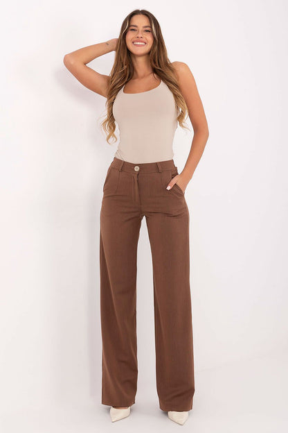 Detail view of Lakerta Women's High-Waisted Trousers featuring sophisticated wide legs and a flattering silhouette, ideal for upscale work and formal occasions.