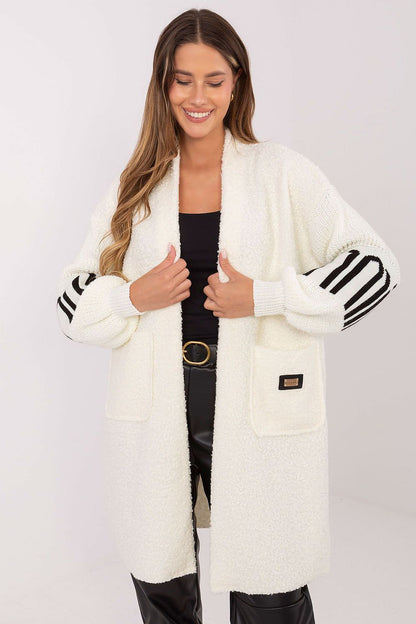Knee-length cardigan for women by Factory Price, designed with functional slip pockets and chic patch detailing for modern elegance.