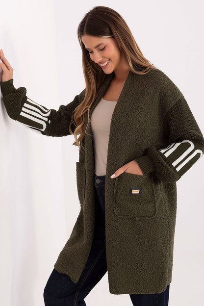 Luxurious knee-length women's boucle cardigan from Factory Price, showcasing puffed knitted sleeves and unique patch detail for a chic look.