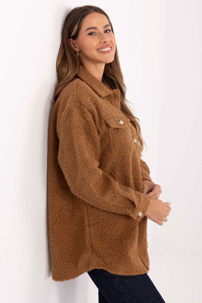 Stylish and sophisticated Luxury Boucle Women's Long Sleeve Shirt from Factory Price, featuring button closure and flap chest pockets, perfect for everyday wear and professional settings.