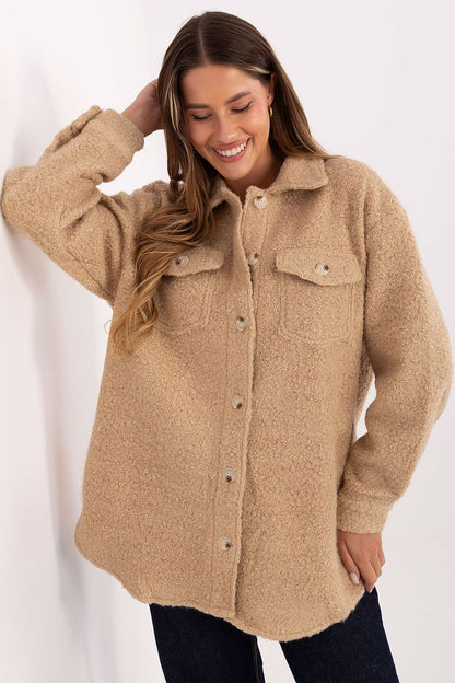 Close-up of Luxury Boucle Women's Long Sleeve Shirt by Factory Price, showcasing high-quality polyester and cotton blend fabric.