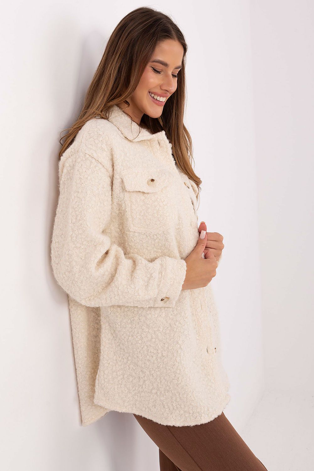 Luxury Boucle Women's Long Sleeve Shirt with Classic Collar in a stylish casual outfit, offered by Factory Price.