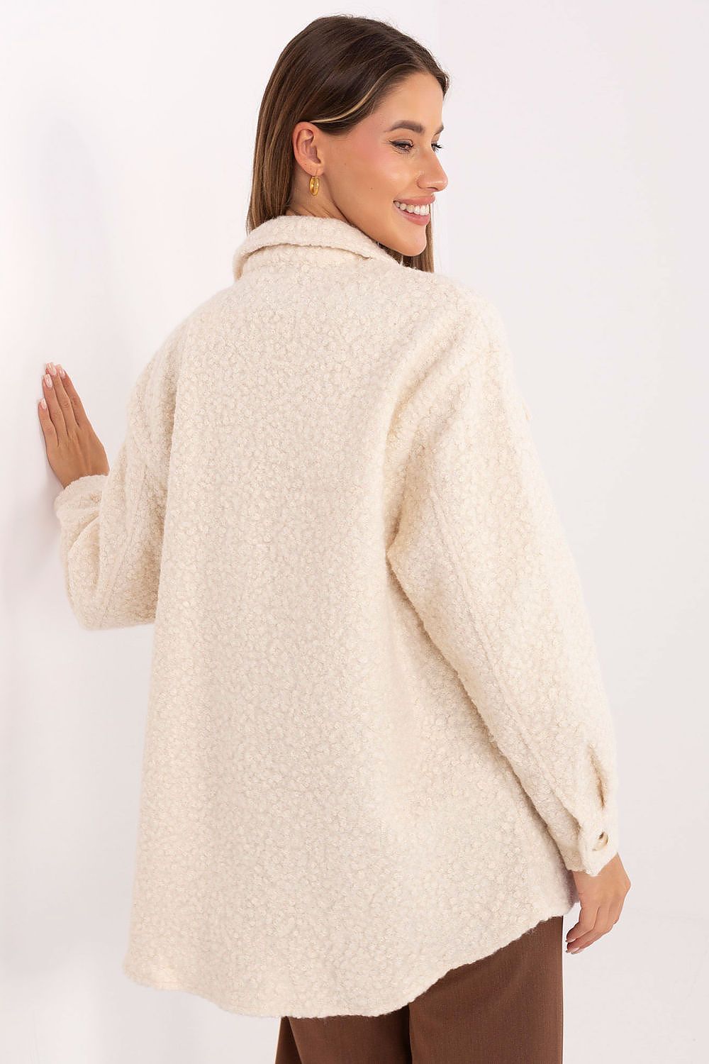 Detail view of Luxury Boucle Women's Long Sleeve Shirt with flap pockets, showcasing quality fabric by Factory Price.