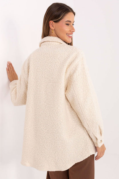 Detail view of Luxury Boucle Women's Long Sleeve Shirt with flap pockets, showcasing quality fabric by Factory Price.