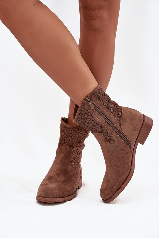 Elegant S.Barski women's ankle boots crafted from eco suede featuring a delicate lacy pattern, perfect for stylish everyday wear.
