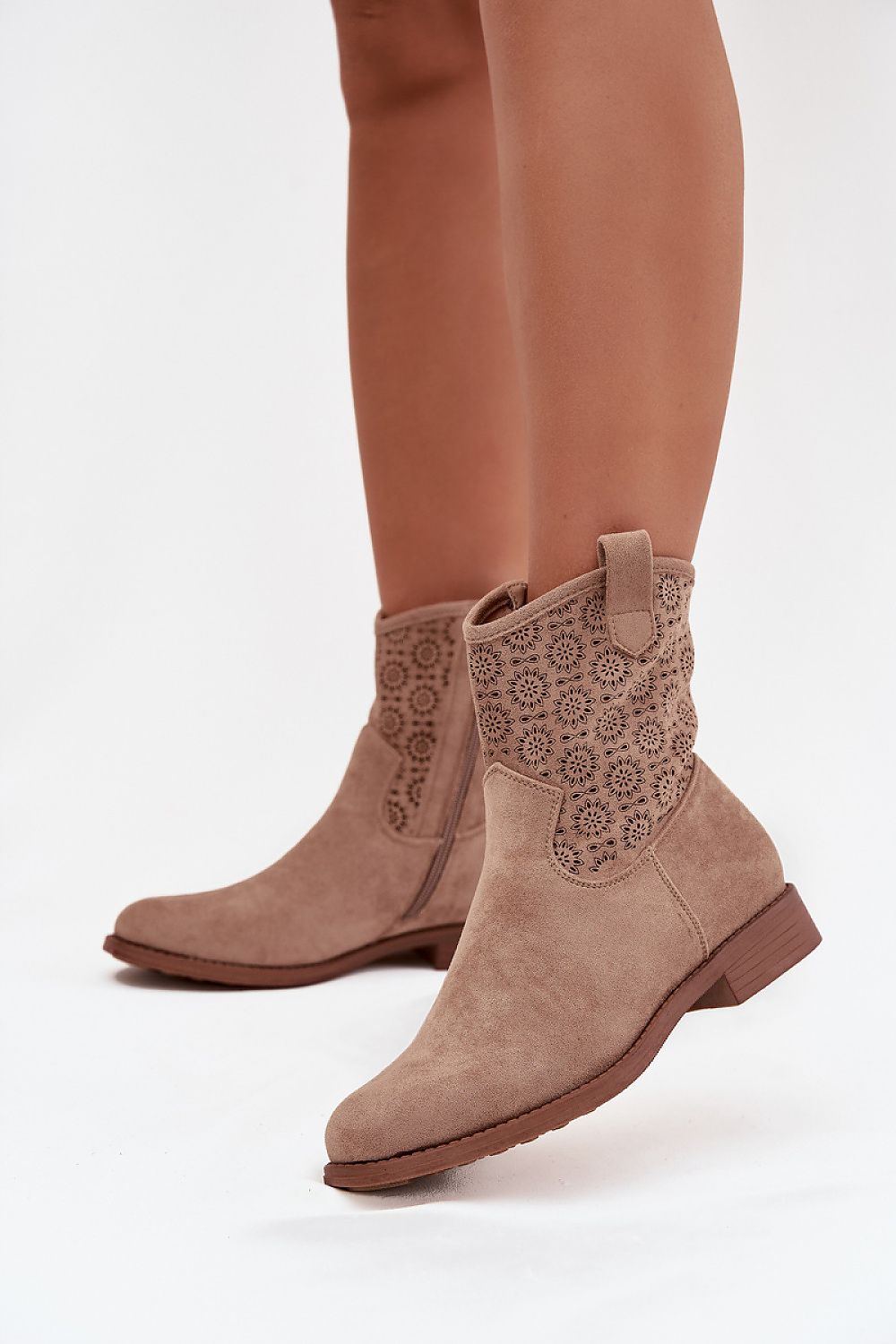 Stylish S.Barski ankle boots for women, made of soft eco suede with a charming lacy pattern, effortlessly blending comfort and style.