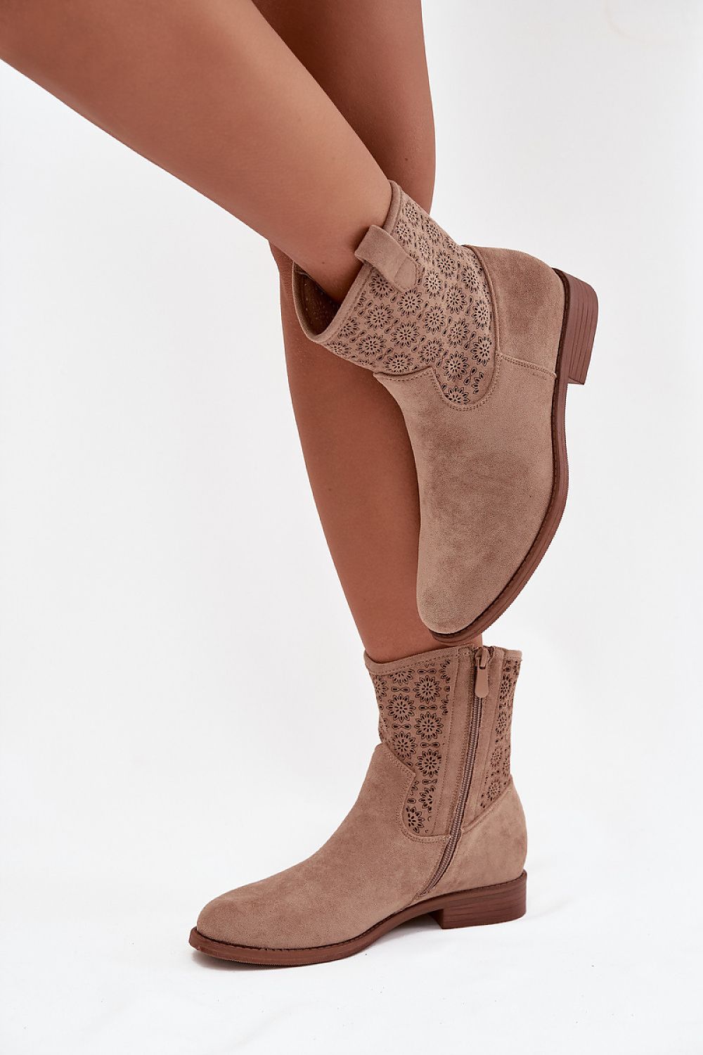 Elegant S.Barski women's ankle boots in eco suede featuring a delicate lacy pattern, perfect for stylish casual and feminine outfits.