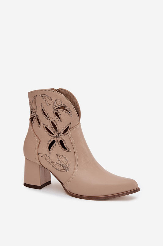 Stylish and elegant pointed toe ankle boots in natural leather with a unique lacy pattern by Step in Style, featuring a 6.5 cm column heel and convenient zipper closure.
