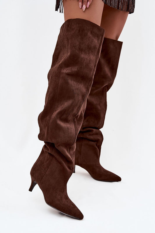 Luxurious Eco-Suede Women's Wide Shaft Knee-High Heel Boots by Step in Style, featuring a low stiletto heel for elegant comfort.