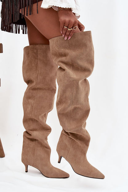 Stylish Eco-Suede Knee-High Wide Shaft Women's Boots by Step in Style featuring a chic low stiletto heel, perfect for both casual and formal outfits.