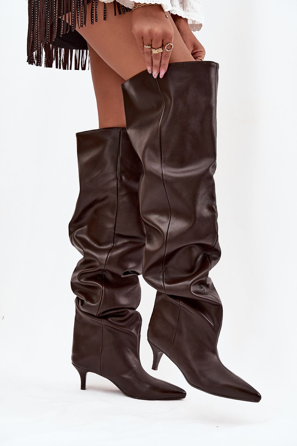 Chic and comfortable Eco-Suede Knee-High Boots for Women by Step in Style, featuring a wide shaft and low stiletto heel for a luxurious touch.