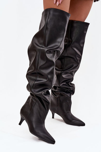 Stylish Eco-Suede women's knee-high boots by Step in Style, featuring a wide shaft design and elegant low stiletto heel, perfect for both casual and formal outfits.