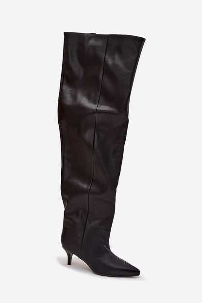 Chic and comfortable Eco-Suede knee-high heel boots for women by Step in Style, showcasing a refined silhouette with a practical slip-on style and adjustable wide shaft.