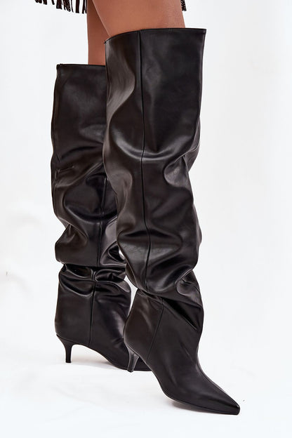 Luxury Eco-Suede women's wide shaft knee-high boots from Step in Style, designed with a 6 cm low stiletto heel for a fashionable and versatile addition to your wardrobe.