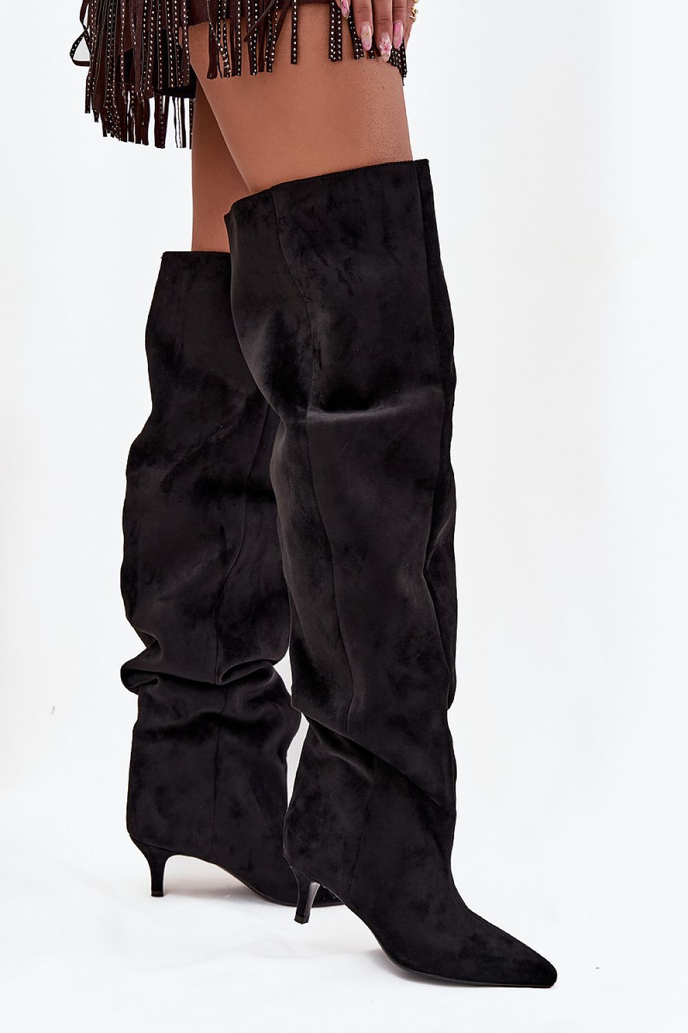 Eco-Suede Women's Wide Shaft Knee-High Heel Boots by Step in Style, featuring a low stiletto, perfect for adding a touch of luxury to both casual and elegant outfits.