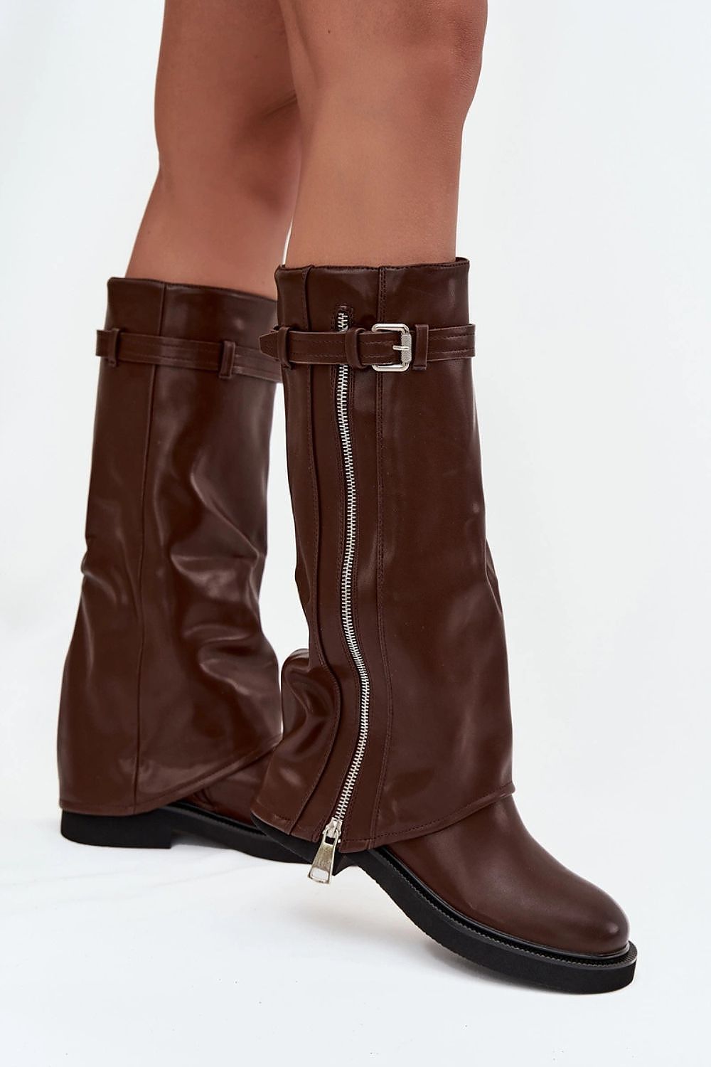 Chic and sophisticated eco leather thigh-high boots for women by Step in Style, showcasing comfort with a flat heel and a fashionable buckle strap detail.