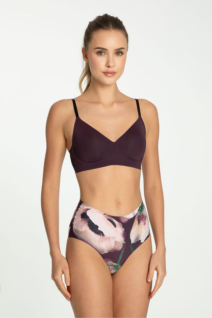 Julimex High-Waisted Floral Print Maxi Panties featuring soft velvet feel, showcasing a vibrant floral pattern in deep plum, powdery pink, and muted green, designed to envelop the skin and enhance femininity.