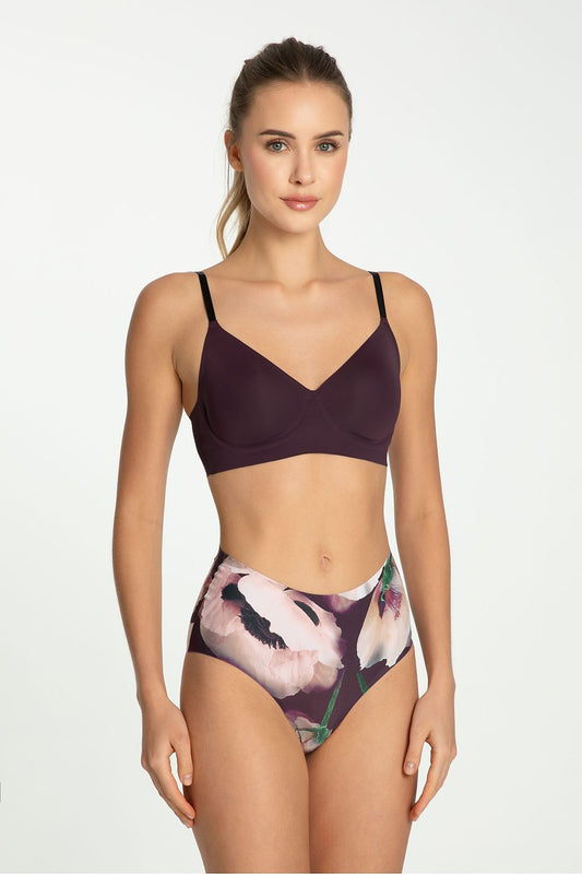 Julimex High-Waisted Floral Print Maxi Panties featuring soft velvet feel, showcasing a vibrant floral pattern in deep plum, powdery pink, and muted green, designed to envelop the skin and enhance femininity.