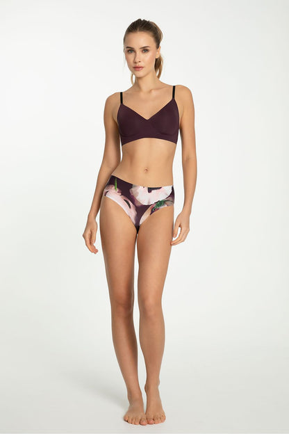 Close-up of Julimex classic-cut panties highlighting the intricate watercolor peony design and soft textile for optimal comfort.