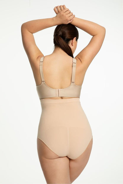 Julimex high-waisted panties displayed in a neutral beige hue, ideal for a smooth finish under elegant clothing.