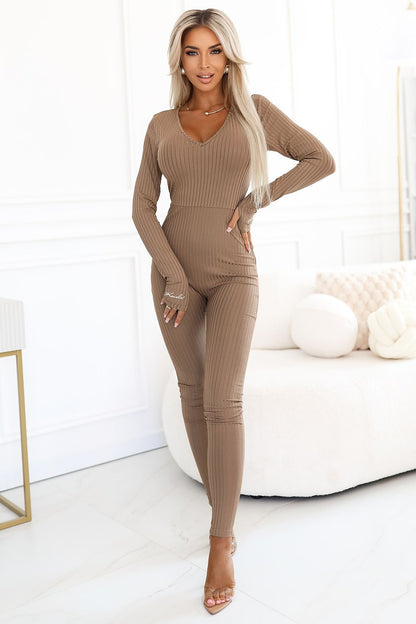 Elegant mocha mousse striped jumpsuit by Numoco, showcasing modern fit and stylish comfort in V-neck design for both casual outings and sophisticated events.