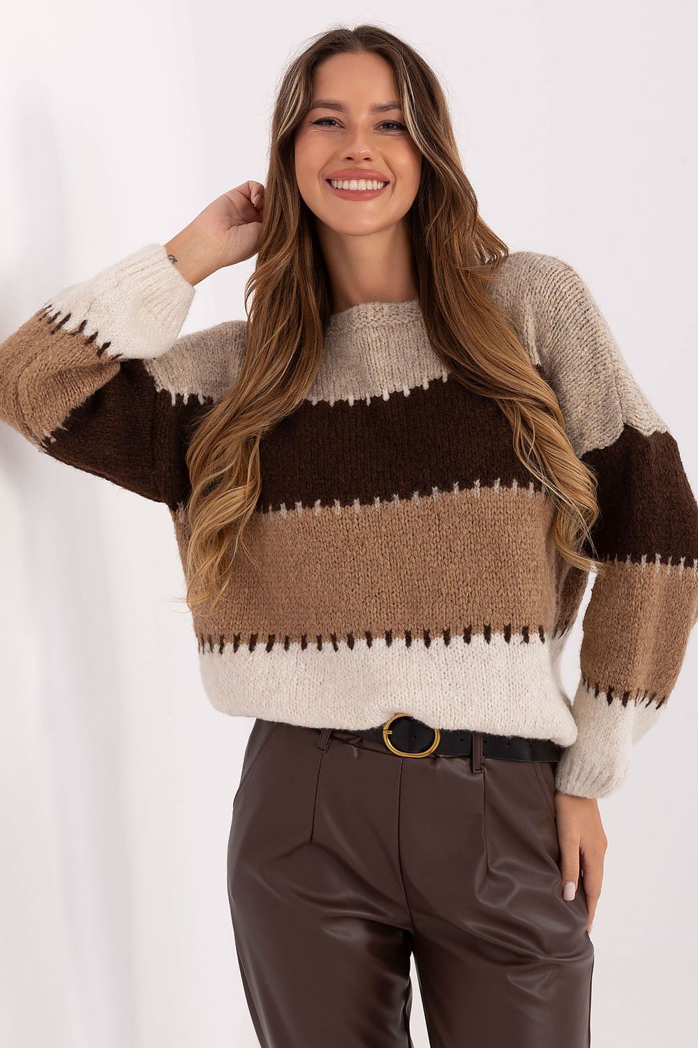 Luxurious oversized striped women's jumper by Italy Moda, featuring a soft acrylic, wool blend perfect for effortless styling.