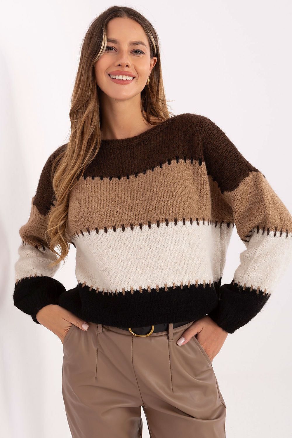 Luxurious oversized striped women's jumper by Italy Moda showcasing a soft acrylic and wool blend, ideal for casual elegance.