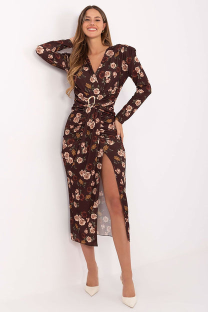 Elegant Floral Midi Cocktail Dress by Italy Moda showcasing long sleeves and front slit, perfect for special occasions and formal events.