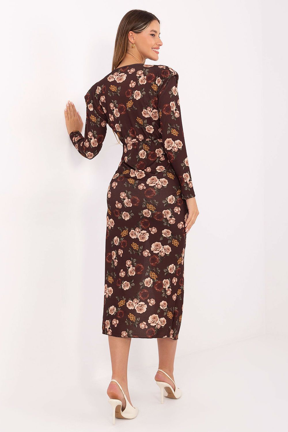 Elegant floral midi cocktail dress by Italy Moda, featuring long sleeves and a seductive front slit, perfect for special occasions.