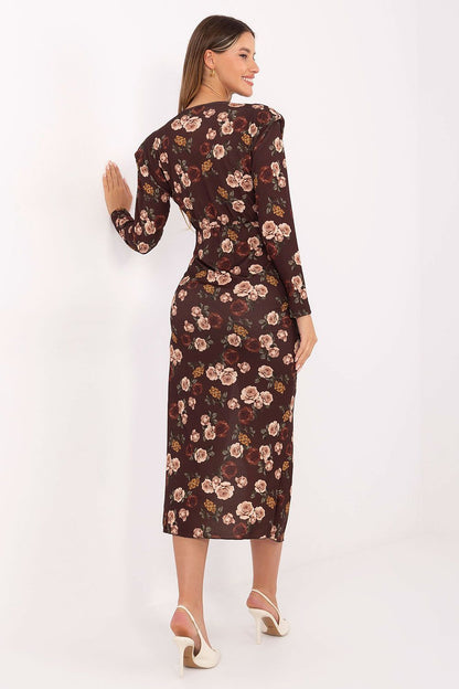 Elegant floral midi cocktail dress by Italy Moda, featuring long sleeves and a seductive front slit, perfect for special occasions.