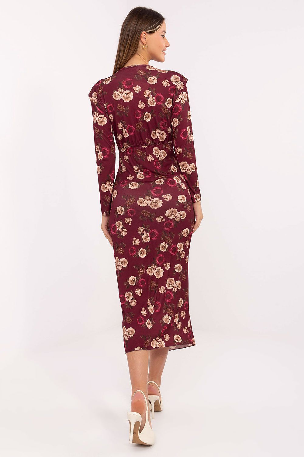 Back view of the Italy Moda elegant floral cocktail dress with long sleeves, emphasizing its classy design perfect for parties.