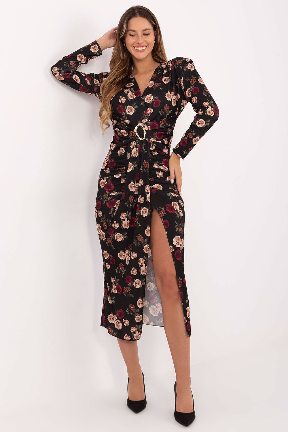 Detailed view of the decorative pleats and metal accent on the Italy Moda floral midi dress, highlighting its sophisticated style.