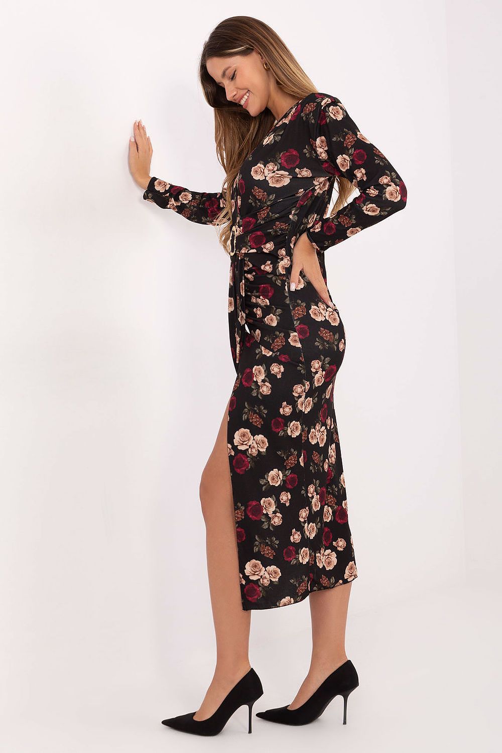 Elegant Floral Midi Cocktail Dress by Italy Moda featuring long sleeves and a thigh-high front slit, perfect for formal occasions.