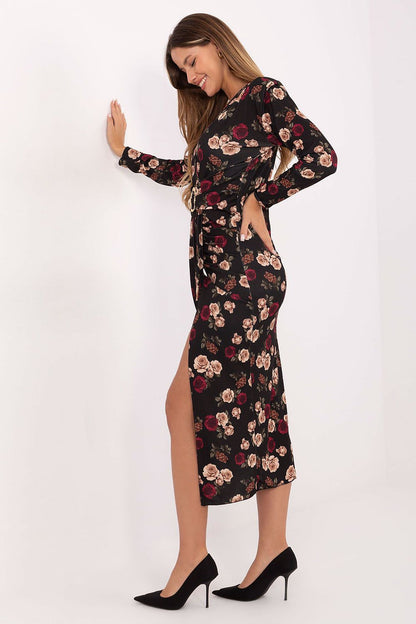 Elegant Floral Midi Cocktail Dress by Italy Moda featuring long sleeves and a thigh-high front slit, perfect for formal occasions.