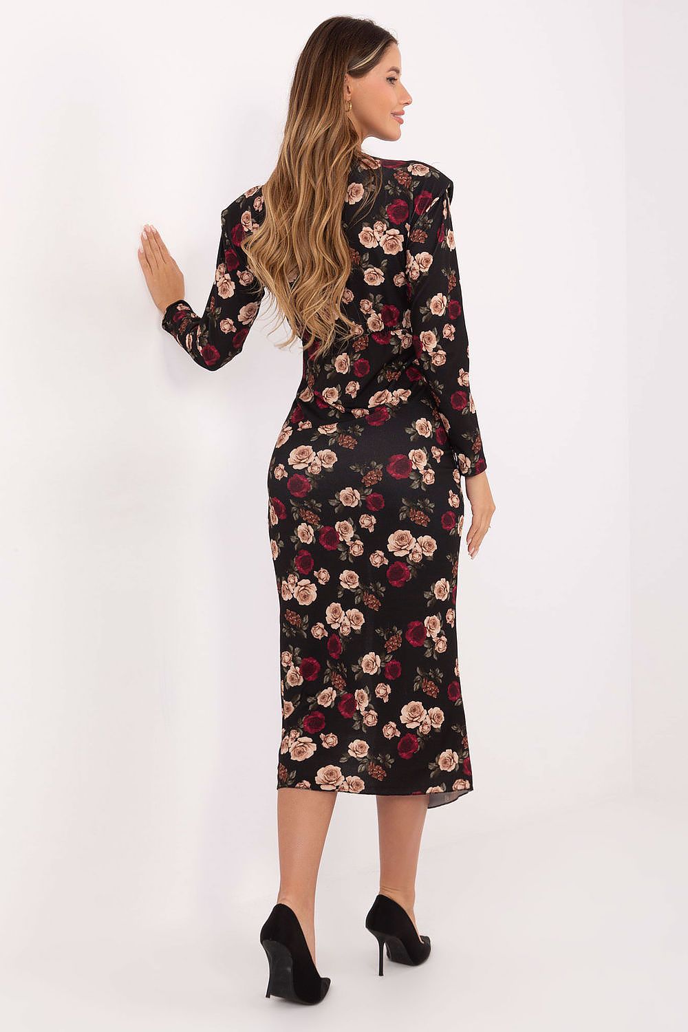 Close-up of the Floral Midi Cocktail Dress by Italy Moda highlighting the decorative pleats and wrap neckline that accentuates femininity.