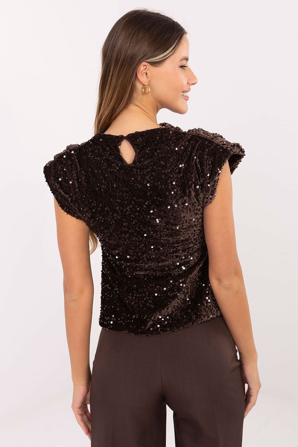 Back view of Italy Moda's elegant sleeveless sequin blouse, illustrating the sophisticated design and high-quality craftsmanship.