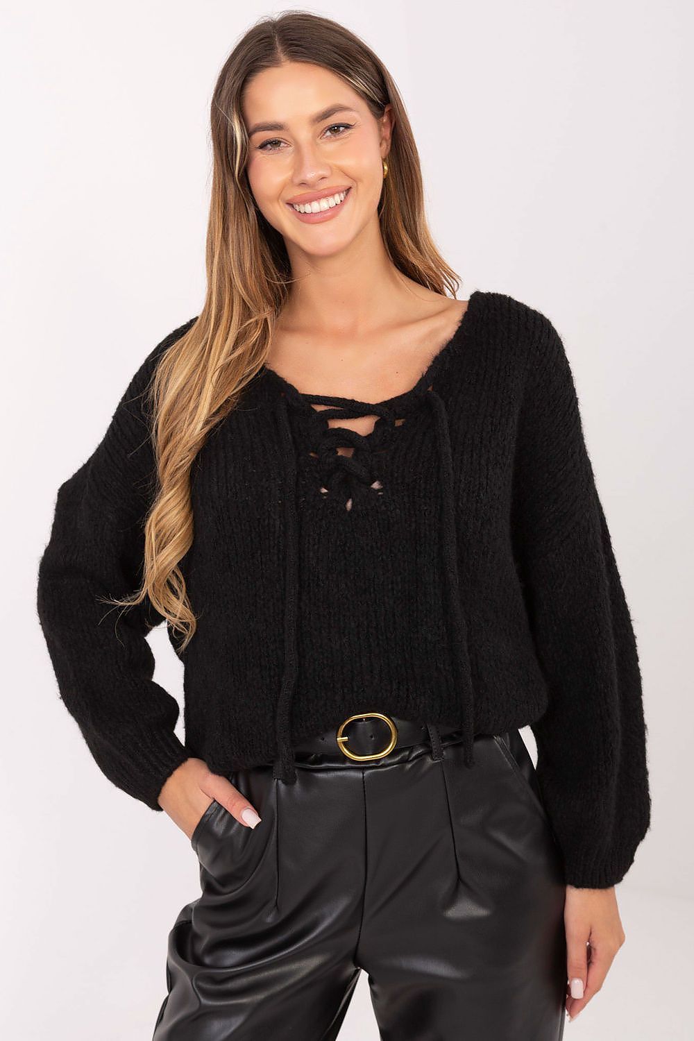 Chic women's sweater featuring a unique corset-style front by Italy Moda, perfect for adding a touch of sophistication to everyday looks.